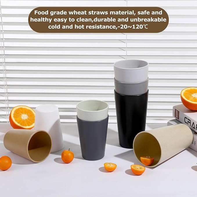 HEYCOME Set of 12 Wheat Straw Cups, Reusable Plastic Cups Sets, Water Glasses - Image 4