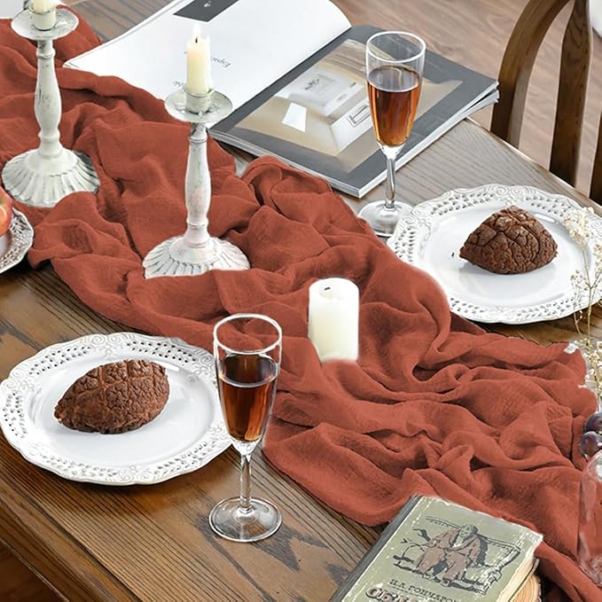 Artoid Mode Boho Cheesecloth Gauze Terracotta Wedding Table Runner, 120 Inch - Image 6