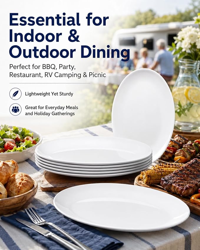8-Pack Melamine Dinner Plates, 12 Inch Large Oval Serving Platters - Image 7