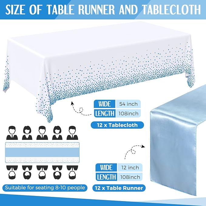24 Packs Baby Blue and White Disposable Plastic Tablecloths and Satin Table - Image 2