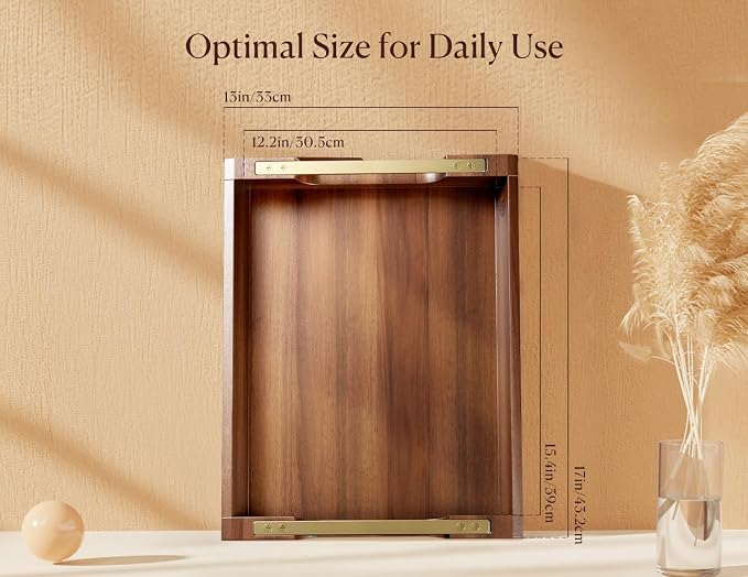 Acacia Wood Serving Tray with Metal Handles, 17x13in Large Ottoman Tray - Image 2