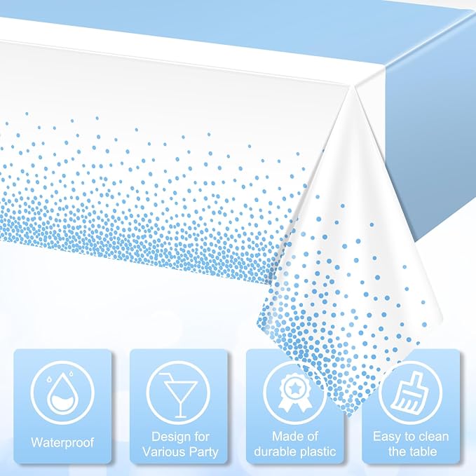 MASHAN 6Pcs White and Light Blue Polka Dot Plastic Rectangular Tablecloths - Image 3