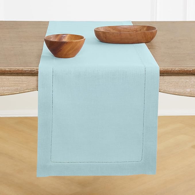 Solino Home 100% Pure Linen Table Runner Aqua Blue Hemstitch, 14 x 156 in | by SolinoHome