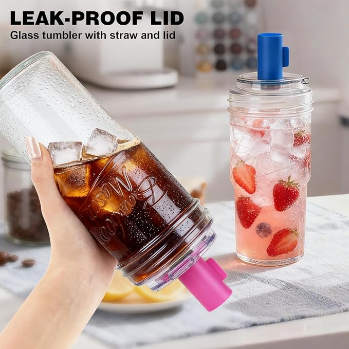 ANOTION Glass Cups With Lids And Straws, Leakproof Tumbler 24oz Mason Jar Cups - Image 7
