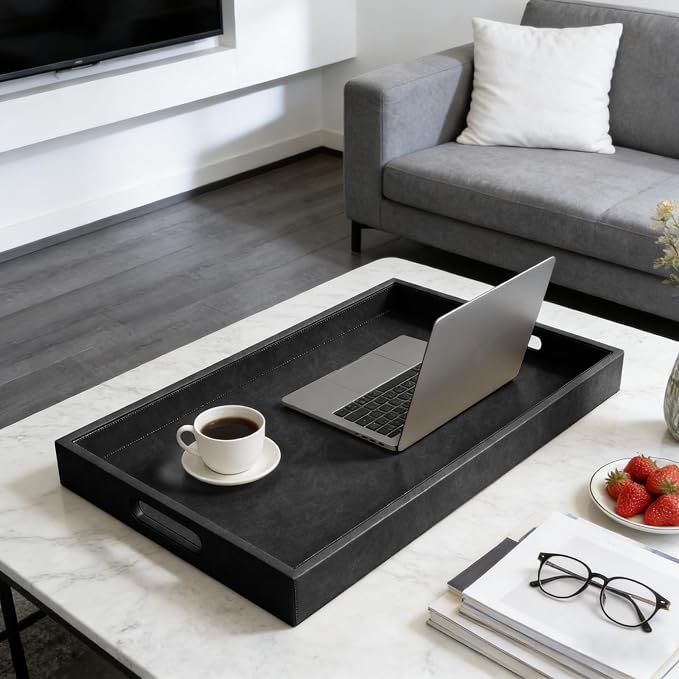 30 x 24 inches Rectangle Leather Ottoman Serving Tray - Image 8