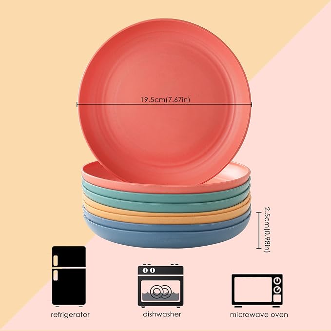 8 PCS Wheat Straw Plates, Kaloo 7.7 Inch Melamine Reusable Plastic Unbreakable - Image 2