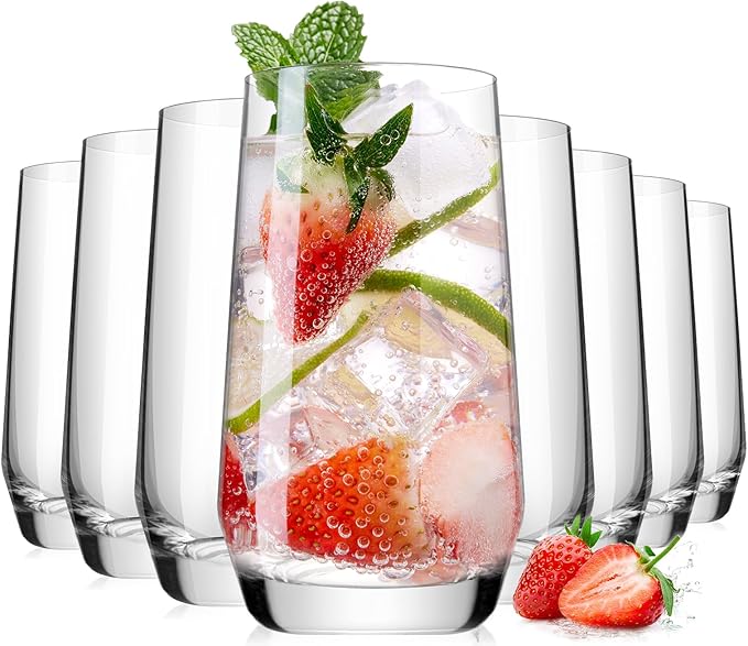 Drinking Water Glass Cups Set, Crystal Clear tall Glass cups set of 8, 16.2oz | by LUNAMANTHA