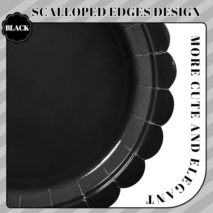 NatNarr 30 Pk Black Paper Plates 9" Disposable Scalloped Black Party Plates | - Image 3