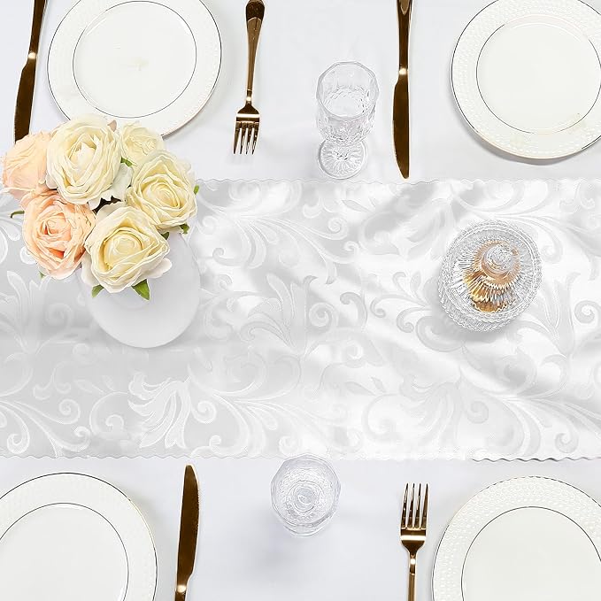 White Satin Table Runner 12 x 108 Inch, 6 Pack | Bright Smooth Damask, Silky - Image 6