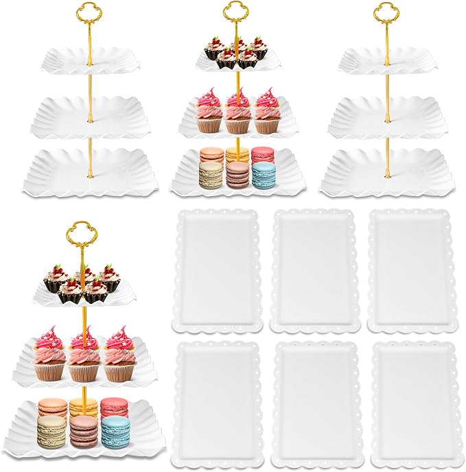 10 Pack Dessert Table Display Set, 4 Three-Tier Square Cupcake Stands and 6 by DIDROOM