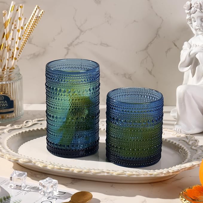 Moretoes Blue Hobnail Drinking Glasses Set of 16, Glass Cups | 12 Oz Highball - Image 2