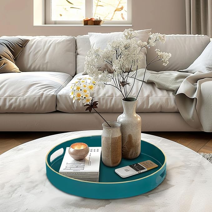 13" Teal Decorative Tray, Plastic Round Serving Tray - Image 5