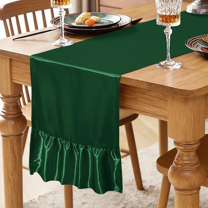 2 Pack Dark Green Satin Table Runner 12 x 72 Inch | Ruffle Design, Luxurious - Image 2