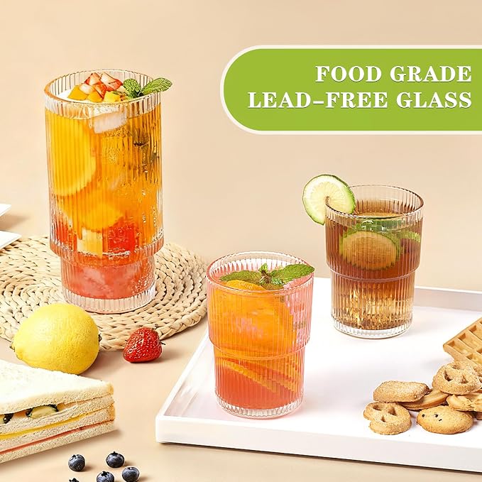Ribbed Drinking Glasses Set of 8, Stackable Cute Kitchen Glasses Cups 16oz and - Image 5