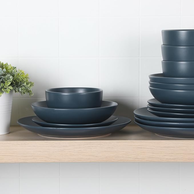 Gibson Home Queenslane 16-Piece Matte Blue Stoneware Dinnerware Set – Double - Image 2