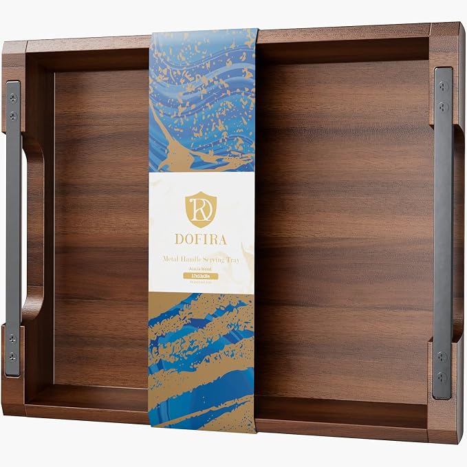 Acacia Wood Serving Tray with Metal Handle, 17x13in Tray by Dofira