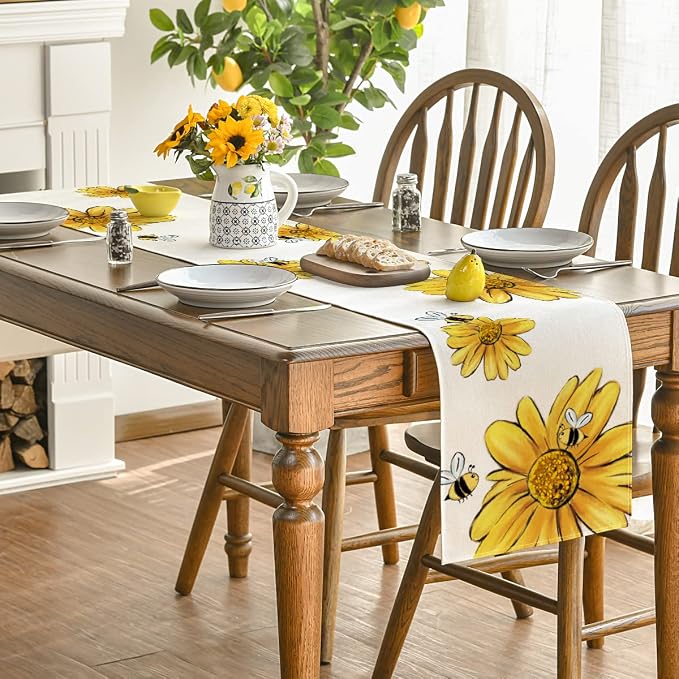 Artoid Mode Beige Bee Sunflower Summer Table Runner, Seasonal Spring Flowers - Image 4