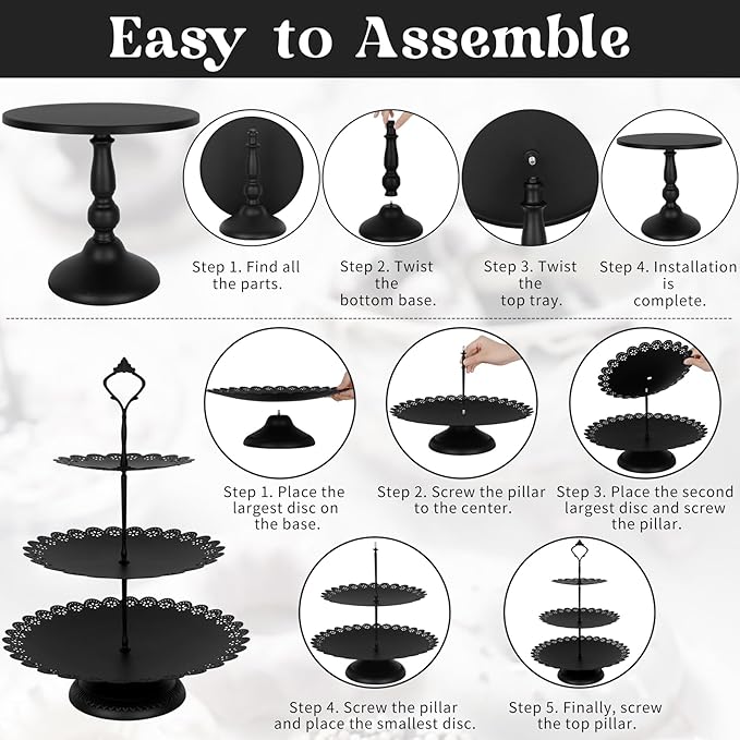 Fivenl 8 Pcs Cake Stand Black Metal Dessert Table Display Set, 3-Tier Cupcake - Image 6