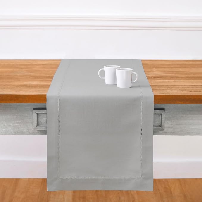 Solino Home Cotton Linen Dining Table Runner Grey Hemstitch, 14 x 144 in | by SolinoHome
