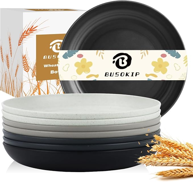 Wheat Straw Plates 9 Inch, Unbreakable Plastic Plates Reusable, Dinner Plates by BUSOKIP