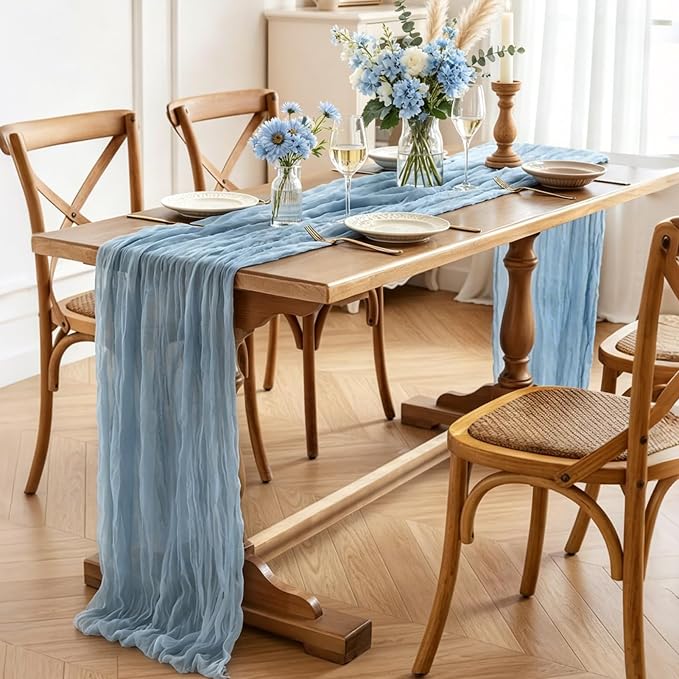 Dust Blue Cheesecloth Table Runner, 10FT Rustic Blue Boho Gauze Table Runner - Image 3