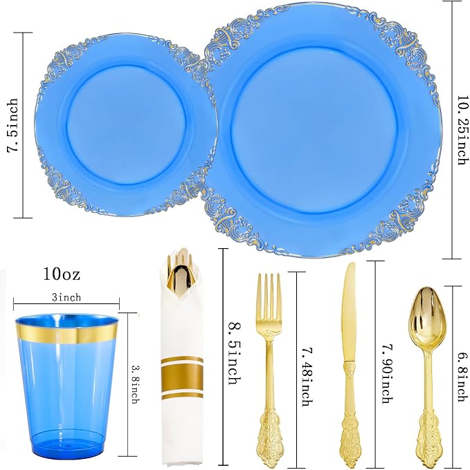 210 Pcs Blue Gold Plates for Graduation | Blue Party Plates Set for 30 Guests - Image 3