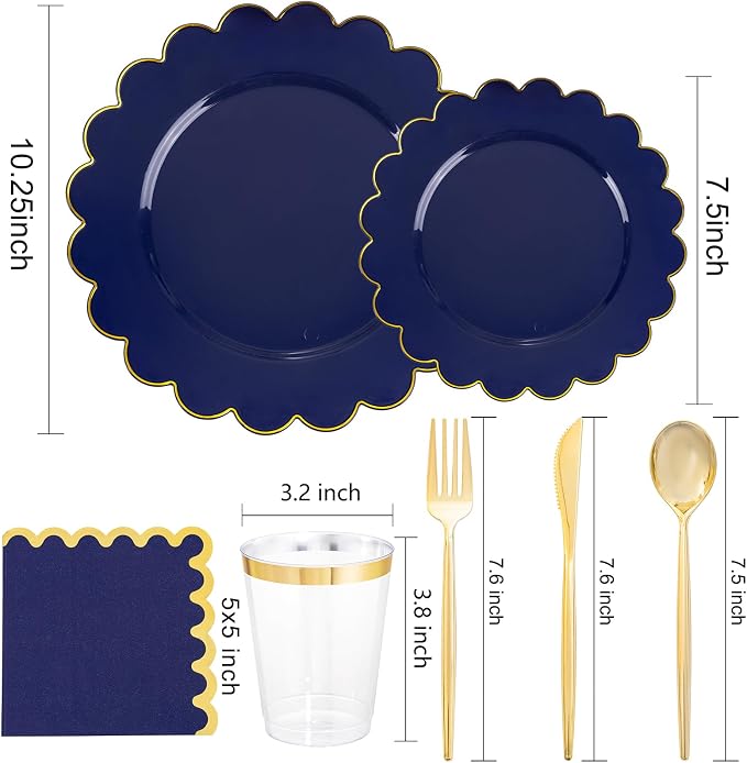 LIYH 210pcs Navy Blue & Gold Scalloped Plastic Plates, Premium Dinnerware | - Image 2