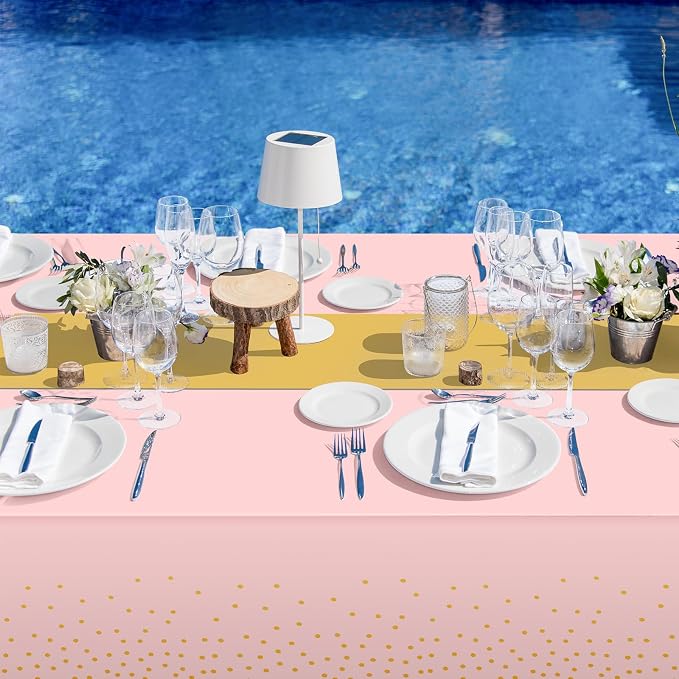 16Pack Disposable Plastic Tablecloths and Satin Table Runner Set Pink and Gold - Image 6