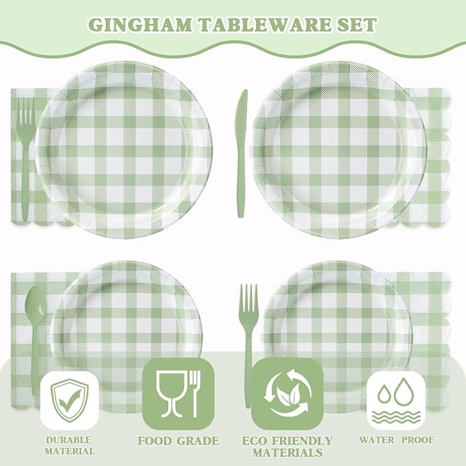 Vyntra 350 Pcs Sage Green Gingham Paper Plates and Napkins Set - Image 2