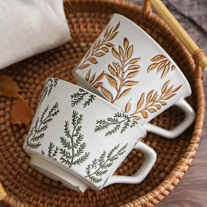 4 Pack 12oz Embossed Leaf Ceramic Coffee Mugs, Vintage Speckled Stoneware Tea - Image 8