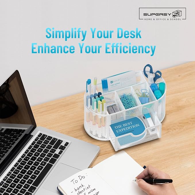 Mesh Desk Organizer with Drawer, 9-Compartment Pen Holder - Image 2