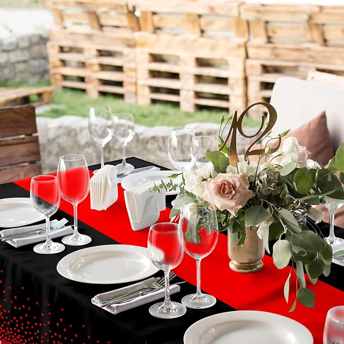 MASHAN 12Pcs Black and Red Tablecloth Party Decorations, Plastic Black Table - Image 5