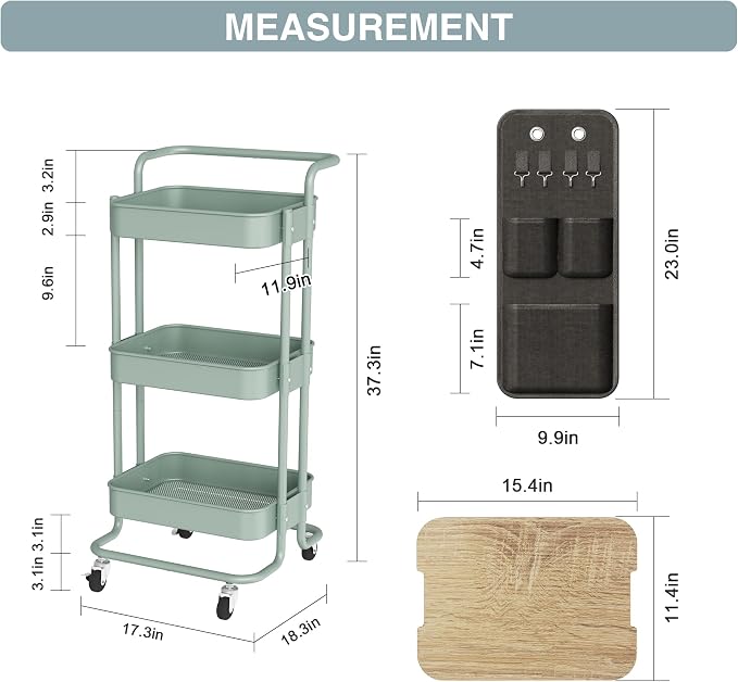 DTK 3-Tier Rolling Cart with Table Top, Metal Utility Cart with Side Bags | - Image 6