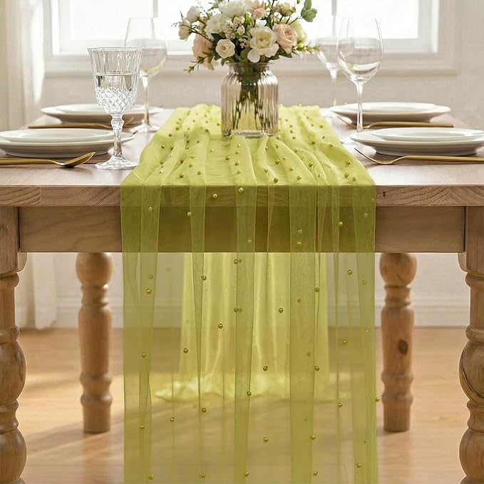 Artoid Mode Pearl Olive Green Gauze Table Runner 120 Inch 10FT, Seasonal Sheer - Image 2