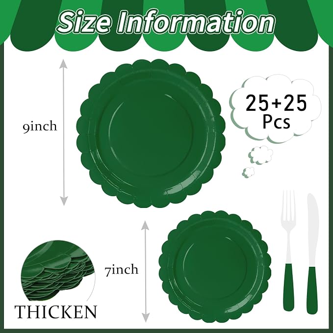50 Pcs Green Scalloped Paper Plates 25 × 7'' and 25 × 9'' Disposable Green - Image 3