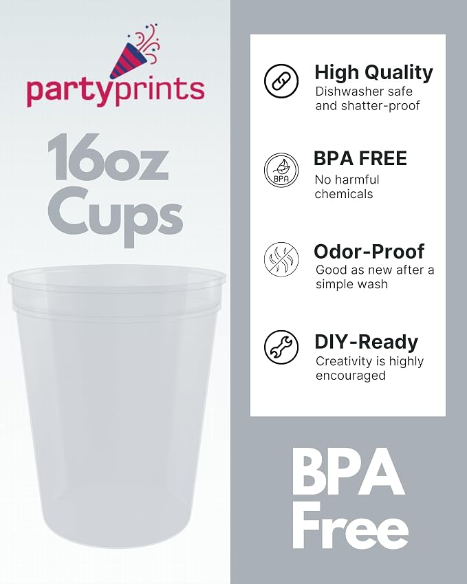 PartyPrints 10 Pack 16 oz Clear Reusable Blank Plastic Cups, Stadium Cups Bulk - Image 2