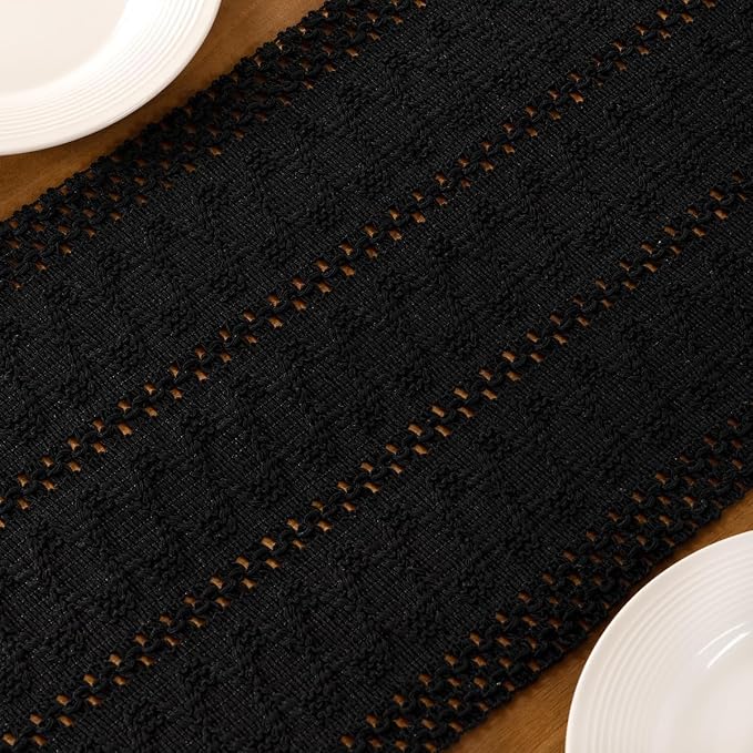 Black Boho Table Runner Farmhouse Macrame Woven Table Runner 12x36 Inch | Small - Image 6