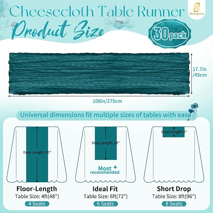 Showgeous 30 Pack Teal Cheesecloth Table Runner, 17 x 108 Inches | Boho - Image 2