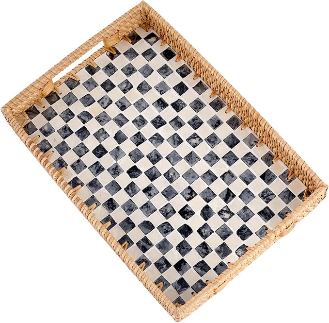 Rectangle Rattan Tray with Mother of Pearl Inlay, Rattan Serving Tray with by Tynulox
