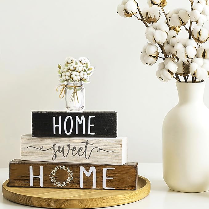 Cinnvoice 4 Pcs Farmhouse Wooden Tabletop Decor Cotton Summer Rustic Tiered - Image 4