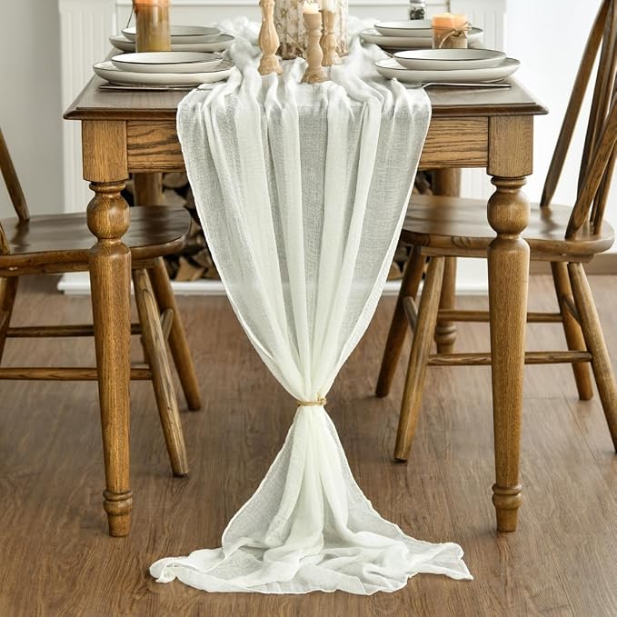 Artoid Mode Boho Cheesecloth Gauze Ivory Wedding Table Runner, 120 Inch - Image 2