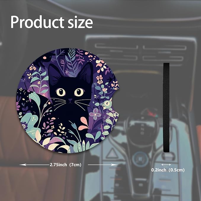 2pcs Cute Black Cat Car Coasters, Absorbent Universal neoprener Cup Holder - Image 2