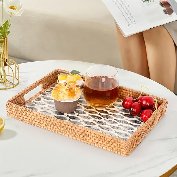 Rectangle Rattan Tray with Mother of Pearl Inlay, Rattan Serving Tray with - Image 8