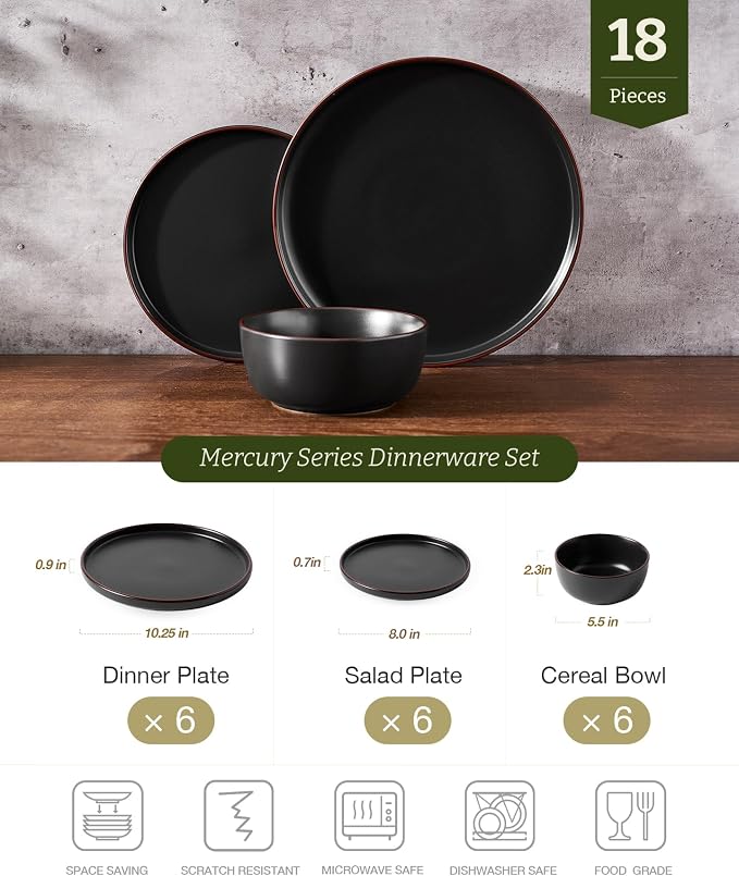 Famiware Mercury 18-Piece Stoneware Dinnerware Set, Matte Black | Plates and - Image 2