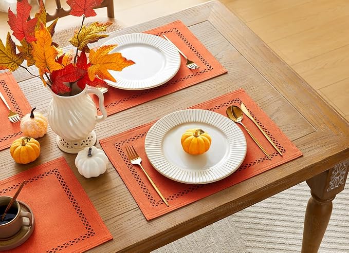 Orange Burlap Place Mats, Fall Placemats Set of 4, 12 x 18 Inch | Double Layer - Image 3