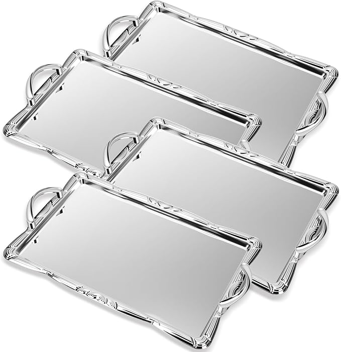 4 Pack Serving Tray with Handles 16.5 x 10.9 Inch Large Metal Plate Floral by Unknown
