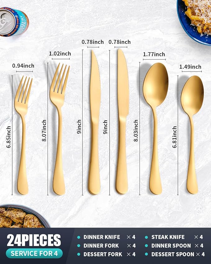 Matte Gold Silverware Set with Steak Knives, 24-Piece Stainless Steel Flatware - Image 2