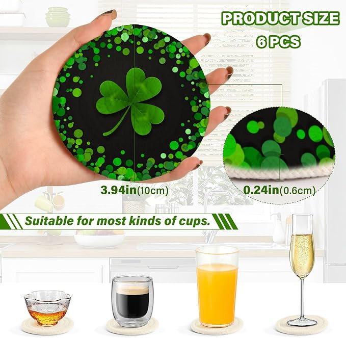 YETTASBIN St. Patrick's Day Shamrock 6 Pcs Drink Coasters - Image 3