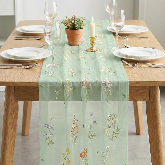Artoid Mode 6PC Wildflower Floral Sage Green Gauze Embroidery Table Runner 120 - Image 3
