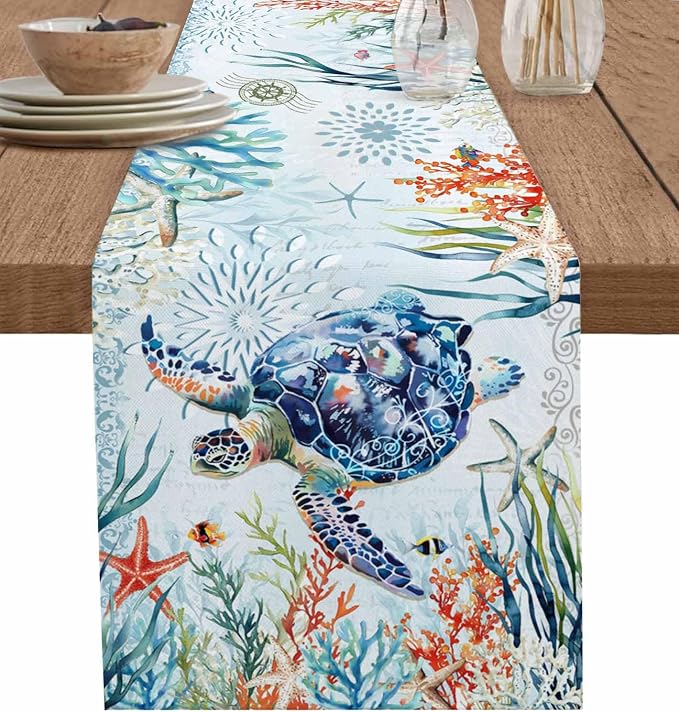 Sea Turtle Coastal Table Runners 48 Inches Long, Summer Beach Coral Table by Unknown